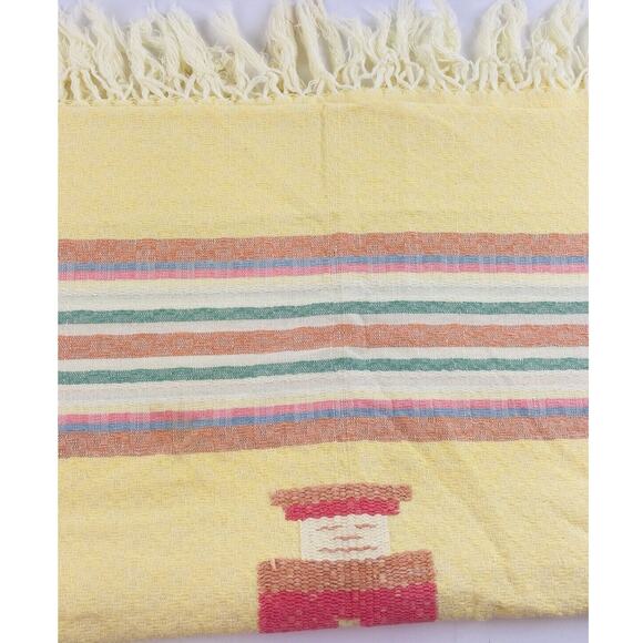 Vintage Guatemalan Handwoven Cotton Tablecloth Yellow Faces Fringe Stripes Soft - Picture 1 of 10